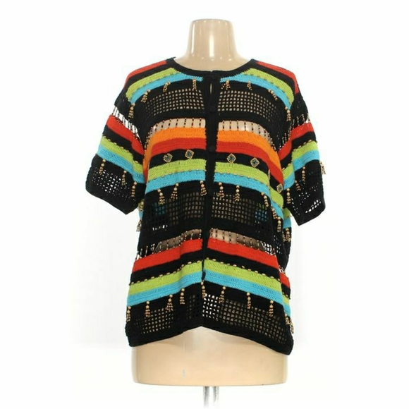 Vintage Berek Beaded Crochet Boho Aztec Cardigan, XL - Picture 3 of 16